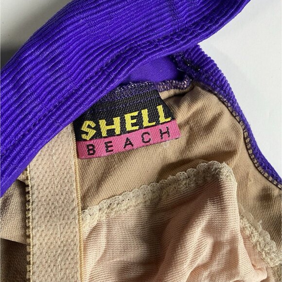 Vintage Bathing Suit Shell Beach One Piece Purple Crossover Front Ribbed EST. Lg - Picture 9 of 12